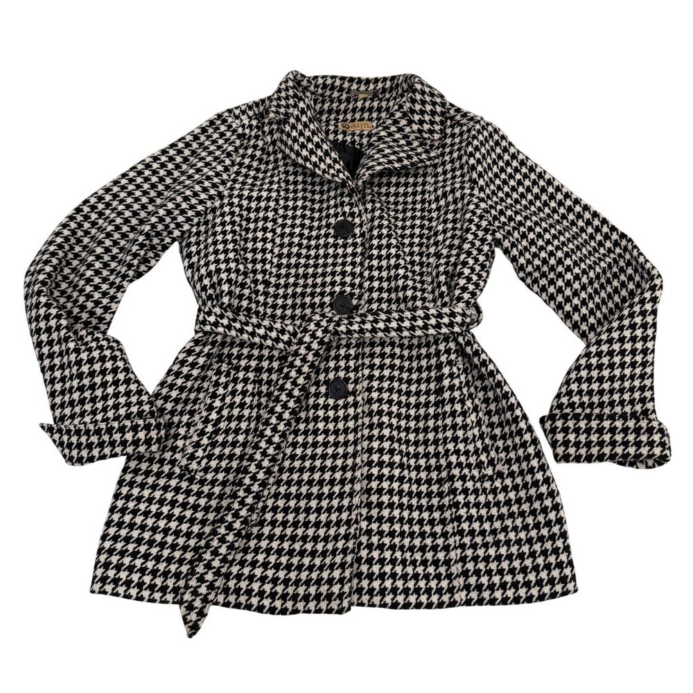 Odyn Houndstooth Belted Mid-Length Coat Women’s XL Black White Mod Retro Goth St